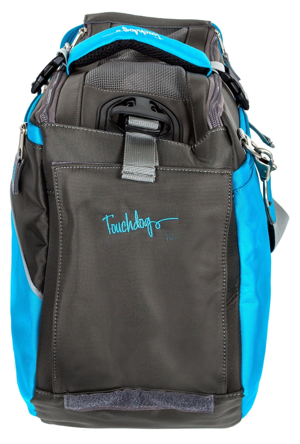 Touchdog pet carrier in blue and charcoal, shown from the end with a front pocket and mesh top