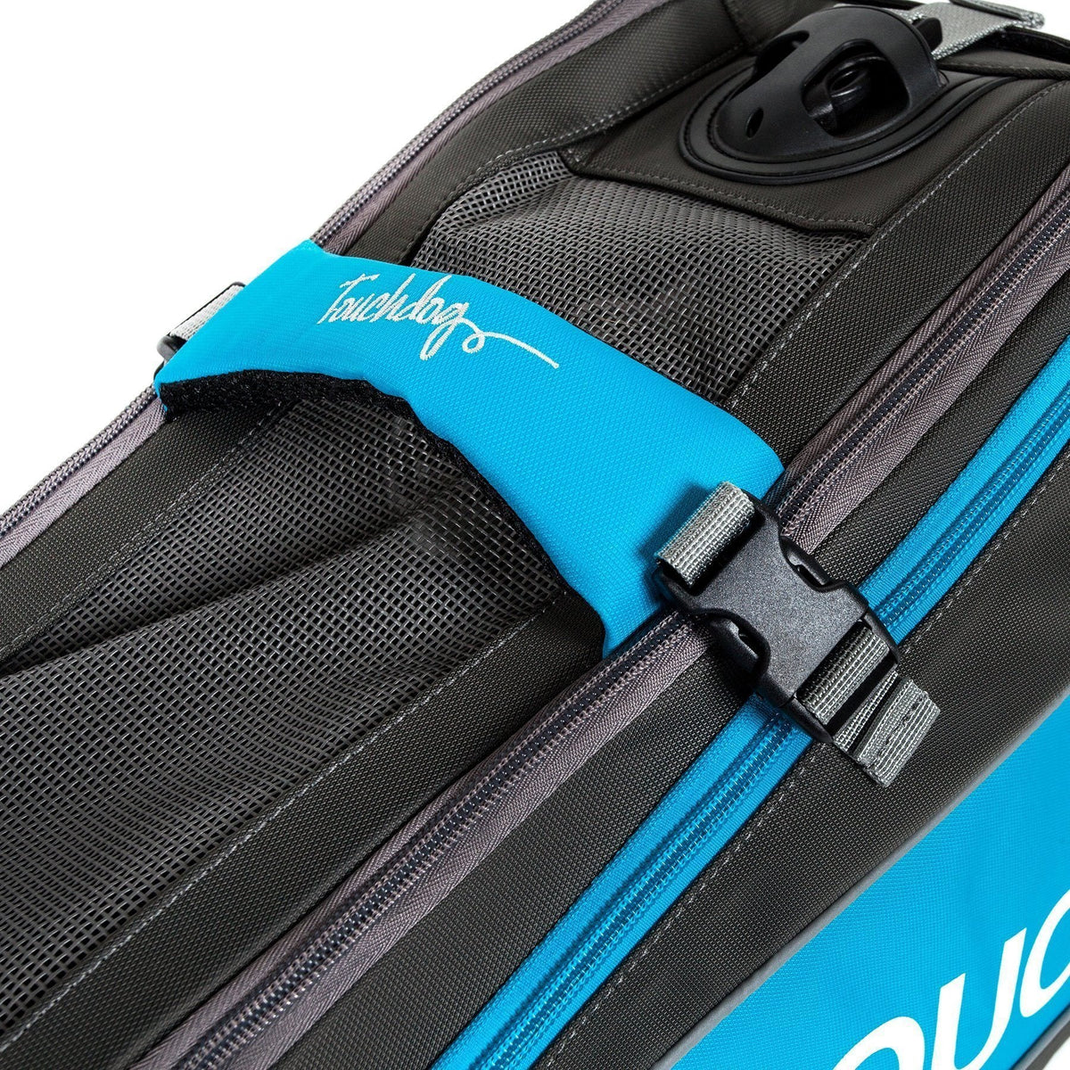 Touchdog carrier close-up showing mesh top, blue handle wrap, buckle, and zipper