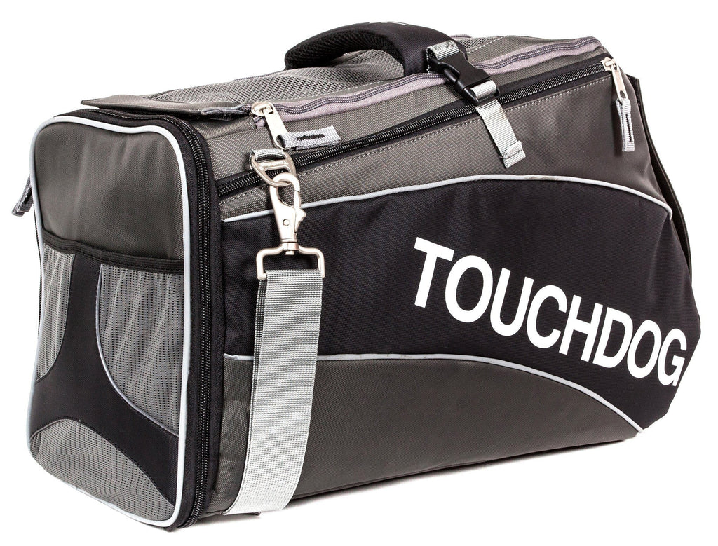 Touchdog black pet carrier with mesh end panel, gray shoulder strap, and side logo