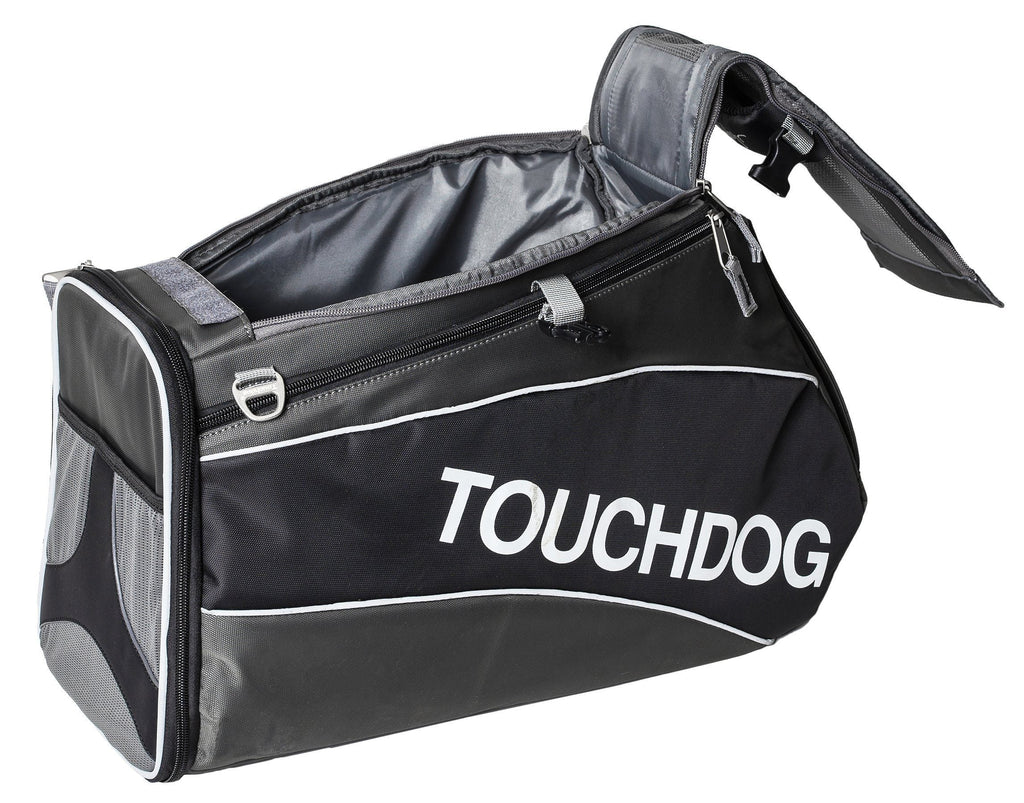 Touchdog charcoal pet carrier with open top, mesh end panel, shoulder strap, and zippered closure