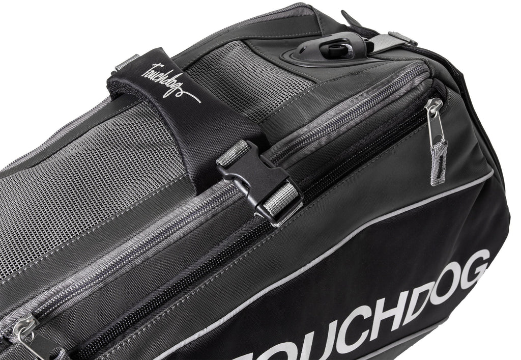 Touchdog charcoal pet carrier detail with mesh panel, top handle, buckle strap, and zippers