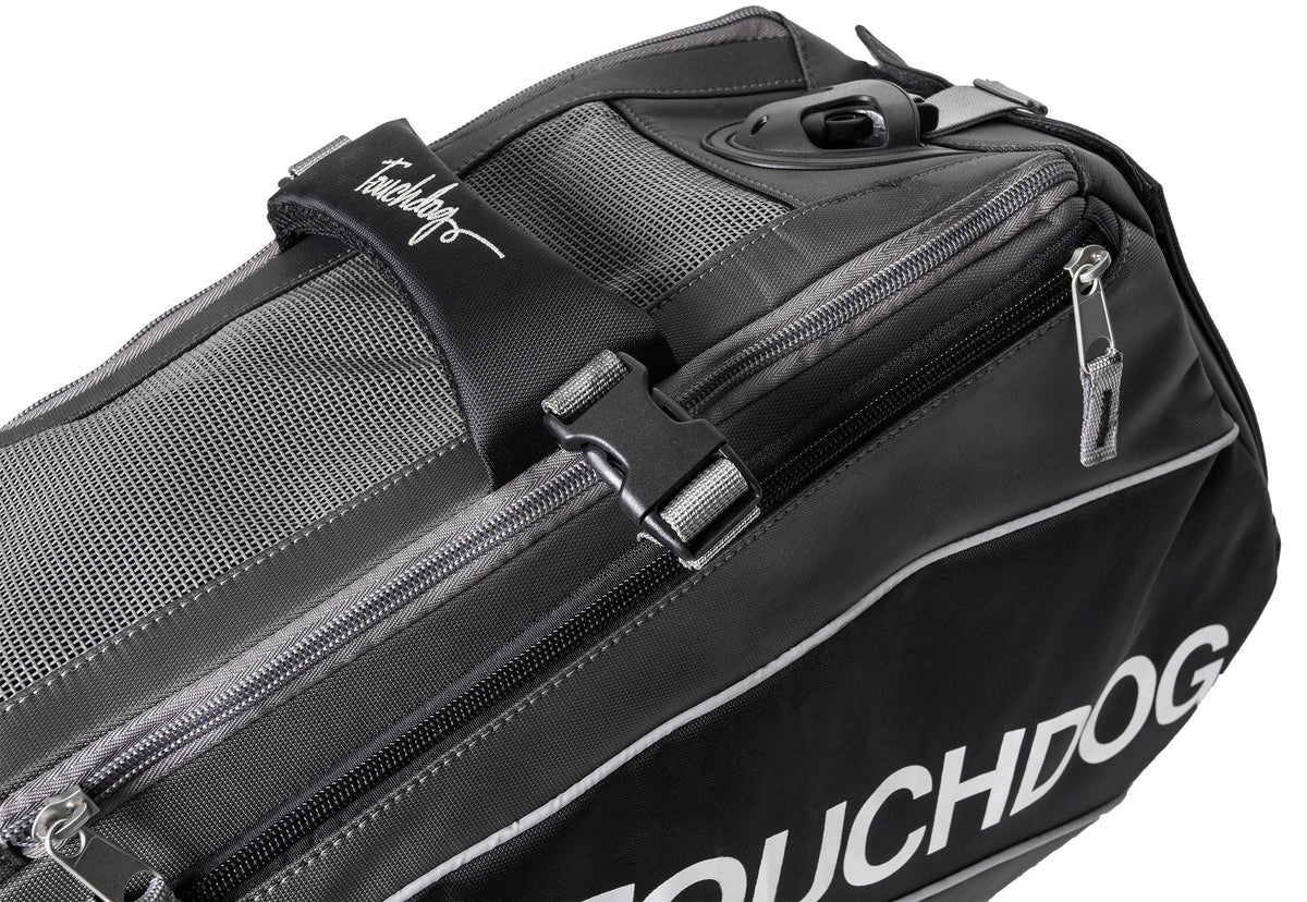 Touchdog charcoal pet carrier detail with mesh panel, top handle, buckle strap, and zippers
