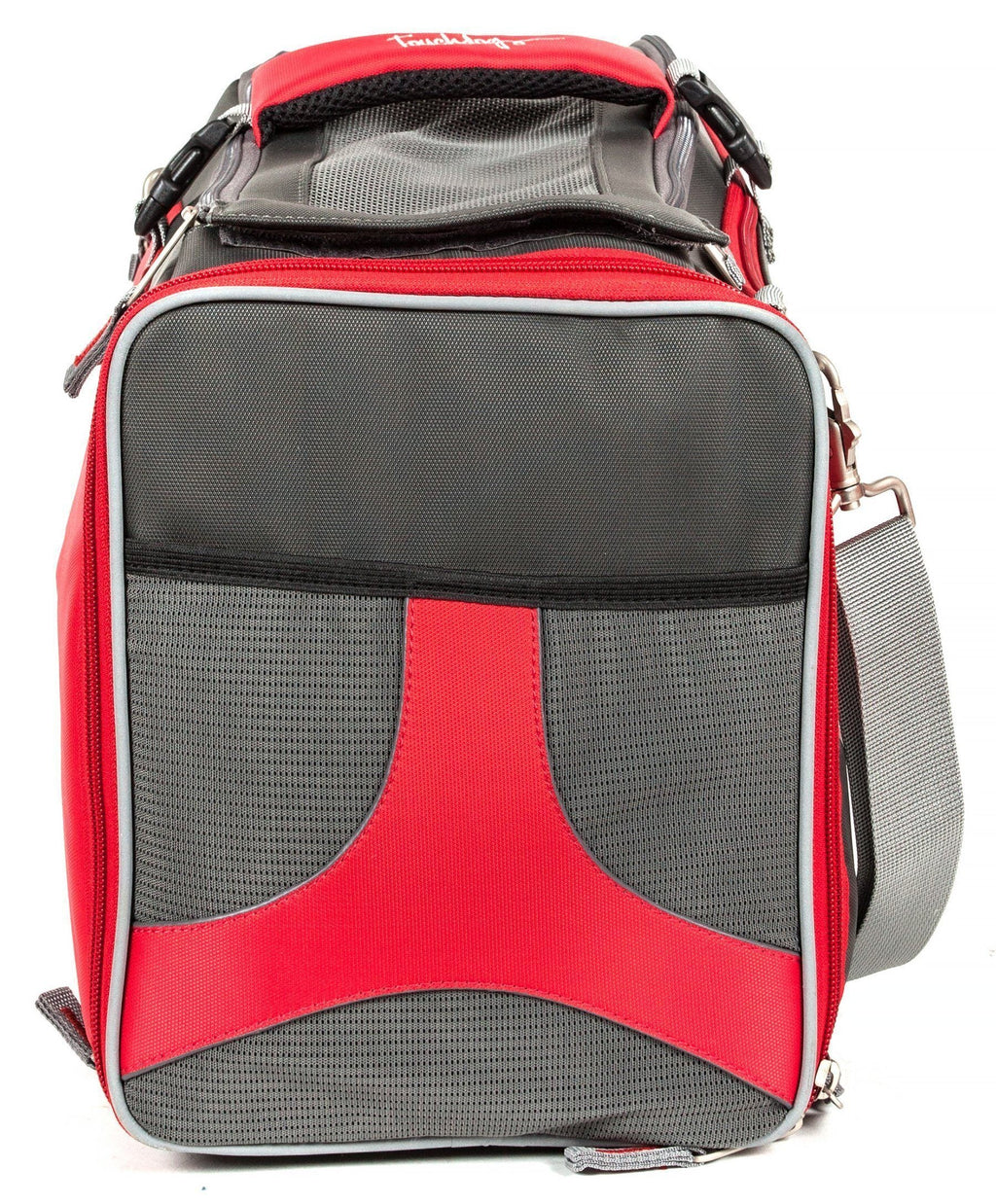 Touchdog pet carrier end panel with red trim, mesh windows, and shoulder strap