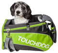 Touchdog lime green and charcoal pet carrier with a dog inside and shoulder strap