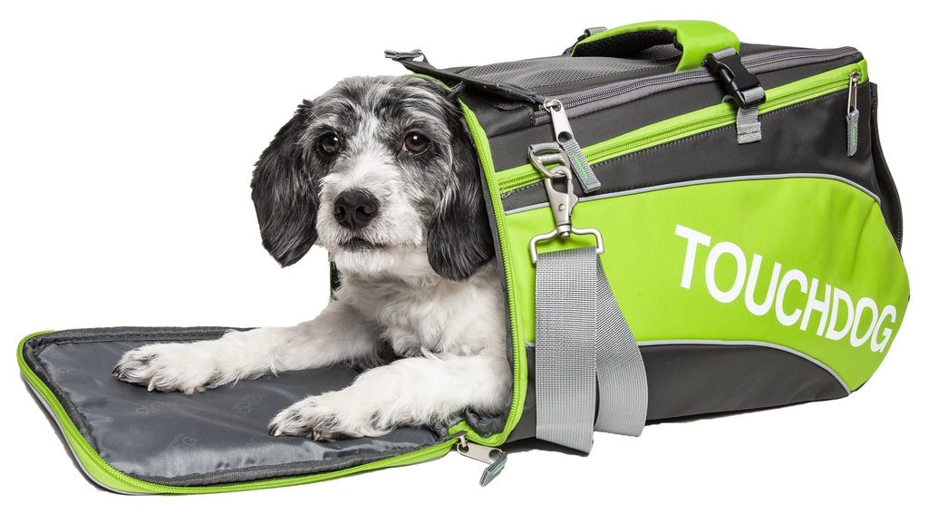Touchdog lime green and charcoal pet carrier with a dog inside and front flap open