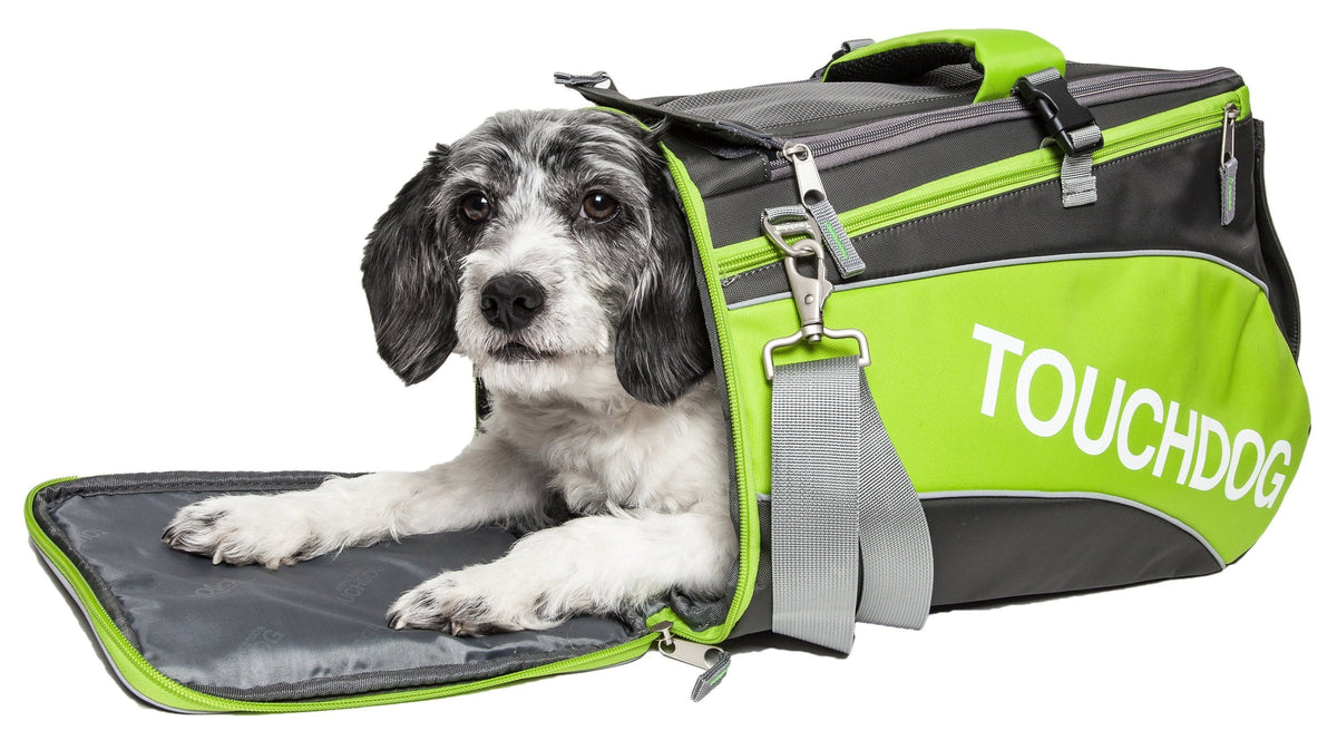 Touchdog lime green and charcoal pet carrier with a dog inside and front flap open