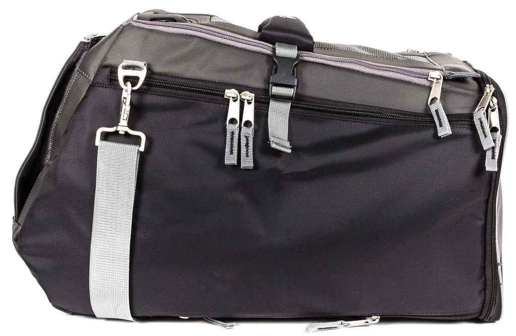Touchdog pet carrier with black side panel, gray strap, and multiple zip pockets