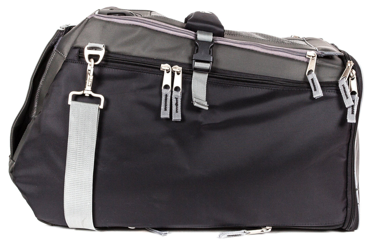 Touchdog pet carrier with black side panel, gray strap, and multiple zip pockets