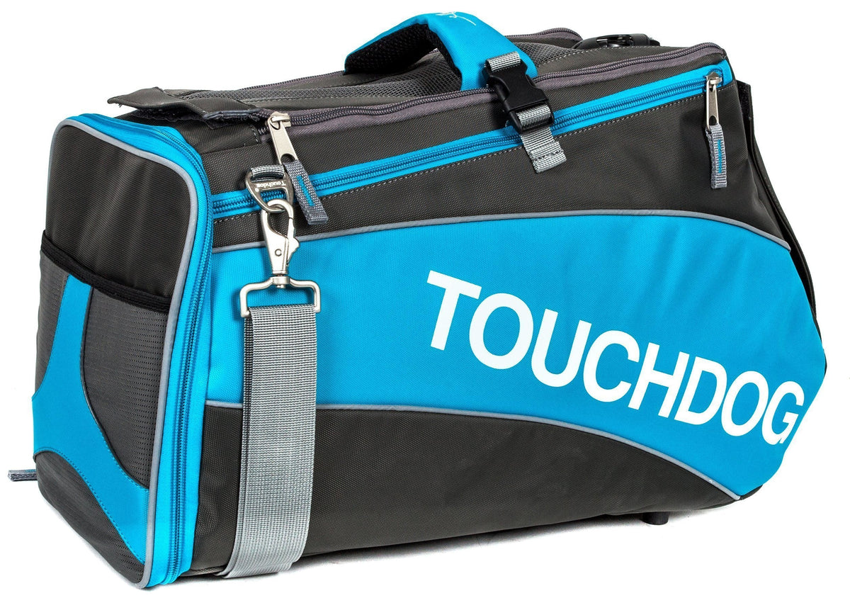 Touchdog blue and charcoal pet carrier with zippered mesh end panel and shoulder strap