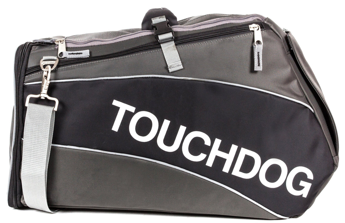 Touchdog black and gray pet carrier with zippered top and shoulder strap