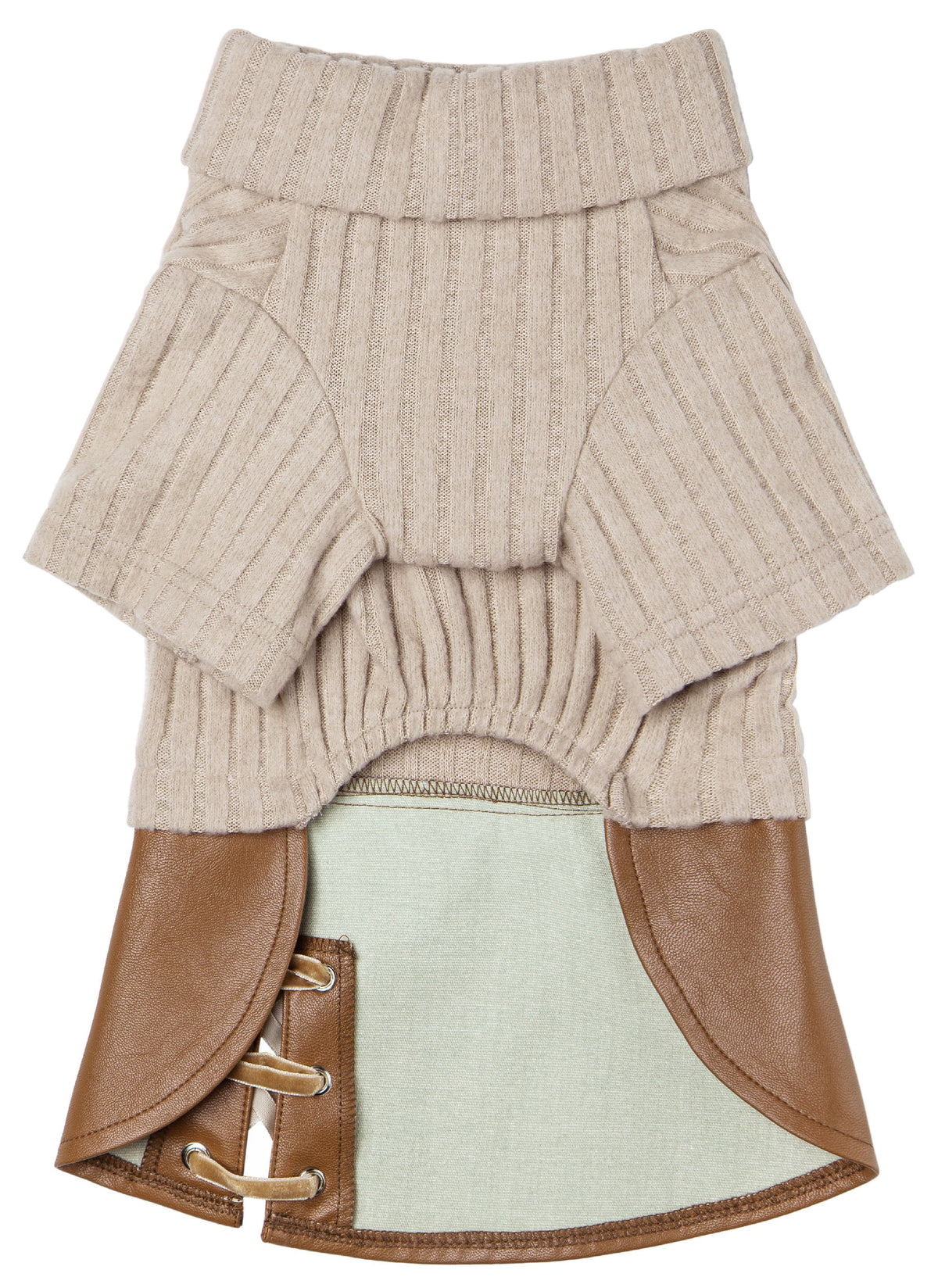 Back of Touchdog dog sweater dress, showing ribbed beige sleeves and brown skirt panels