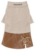 Touchdog dog sweater dress with ribbed beige top, brown skirt, and decorative lace-up detail