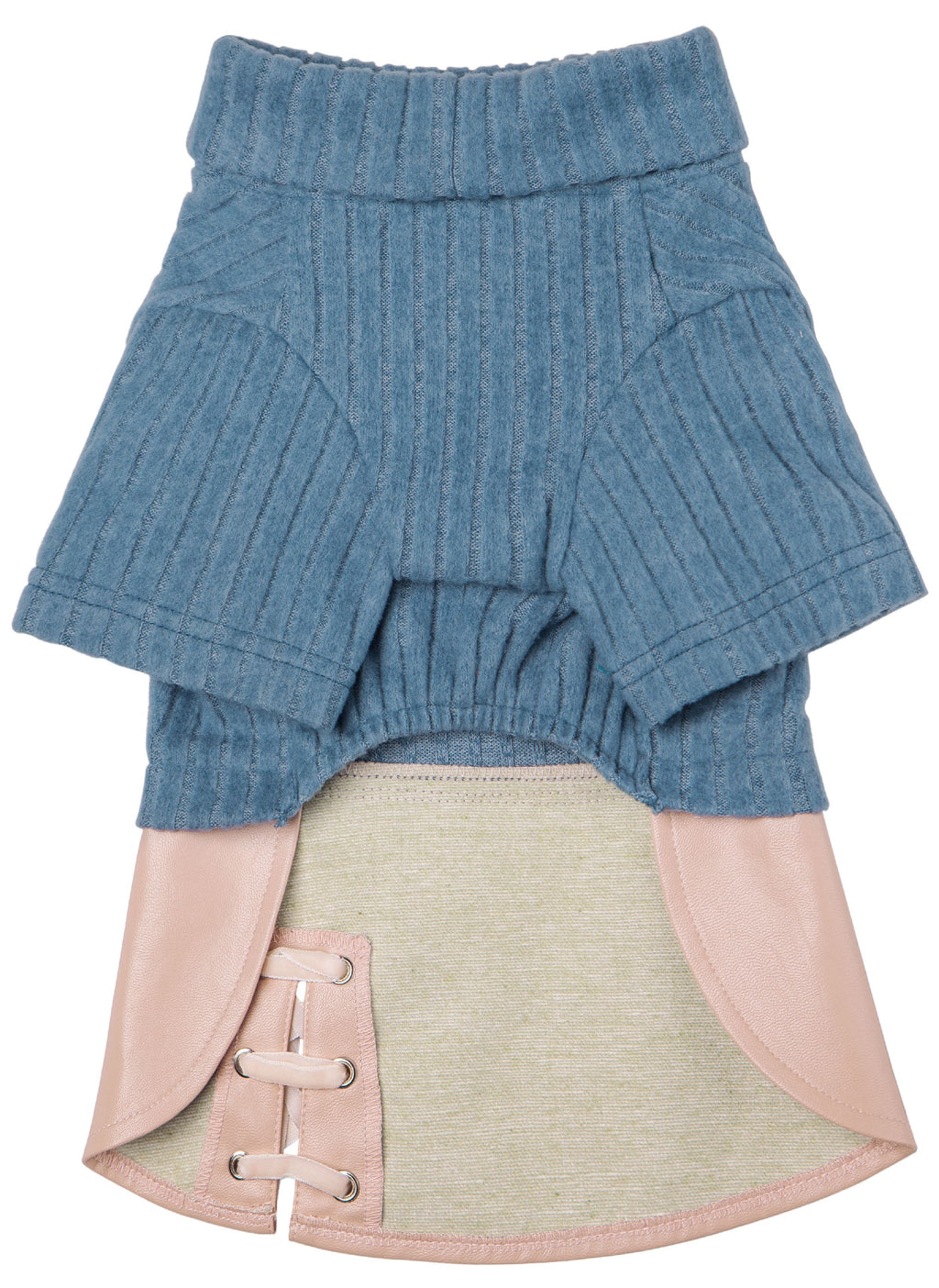 Back of Touchdog dog sweater dress, showing ribbed blue sleeves and pale pink skirt panels
