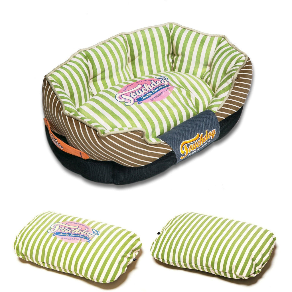 Touchdog striped dog bed with raised bolsters and two matching rectangular cushions
