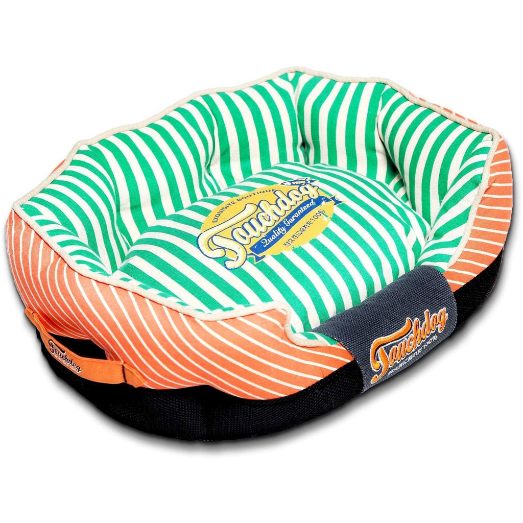 Touchdog dog bed with spearmint-green and white striped bolsters and orange striped sides