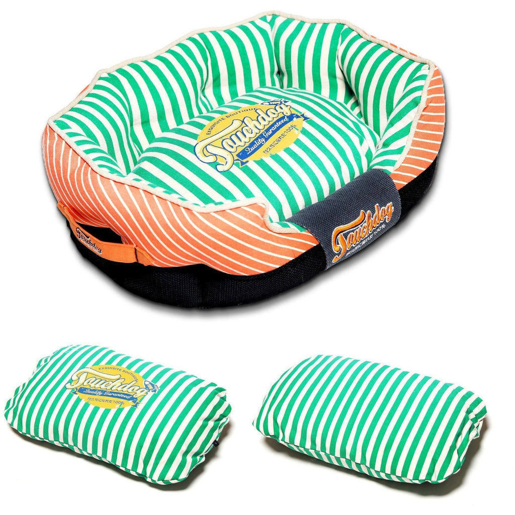 Touchdog dog bed with spearmint-green and white stripes, orange sides and two matching cushions