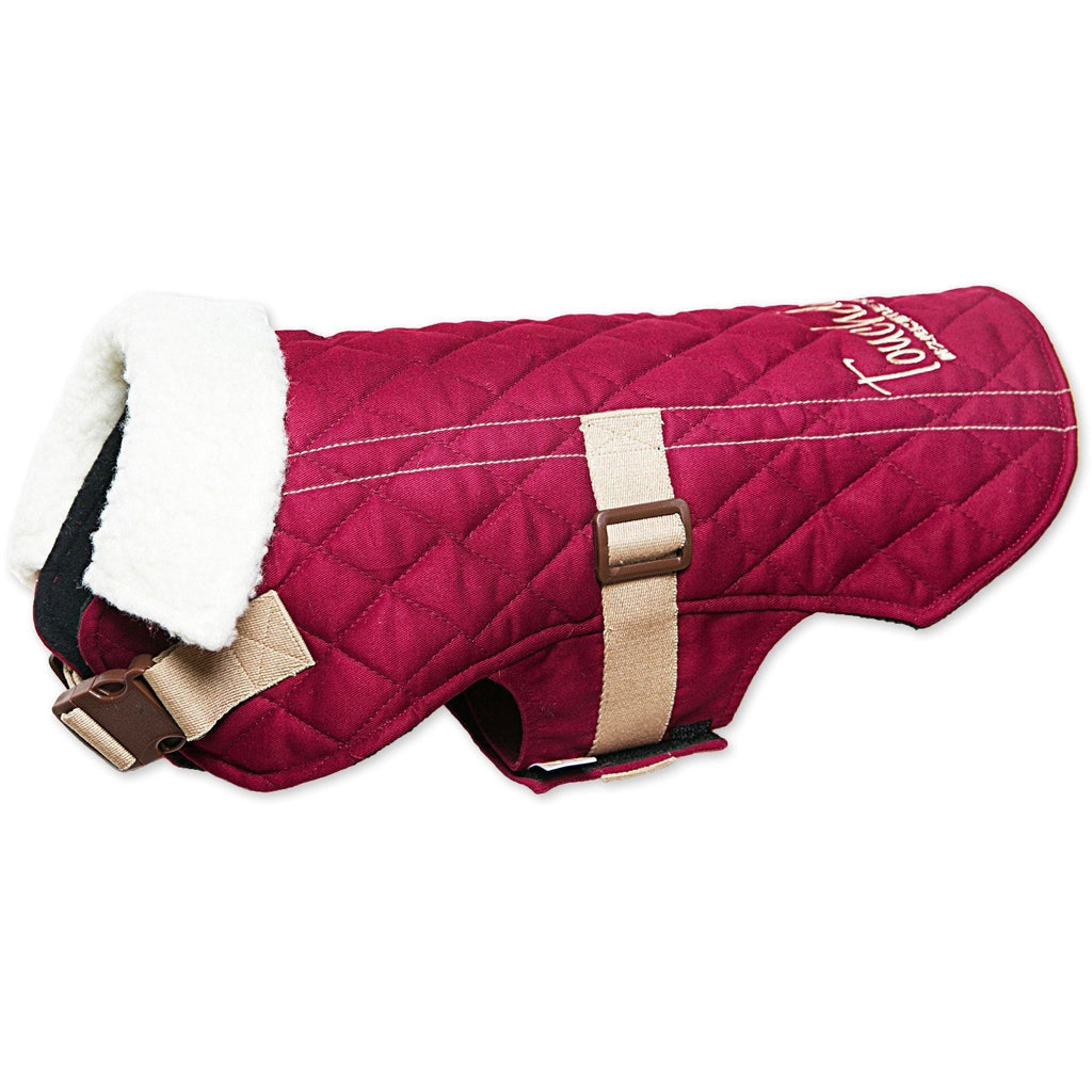 Red quilted Touchdog dog coat with white fleece collar and cream buckle straps