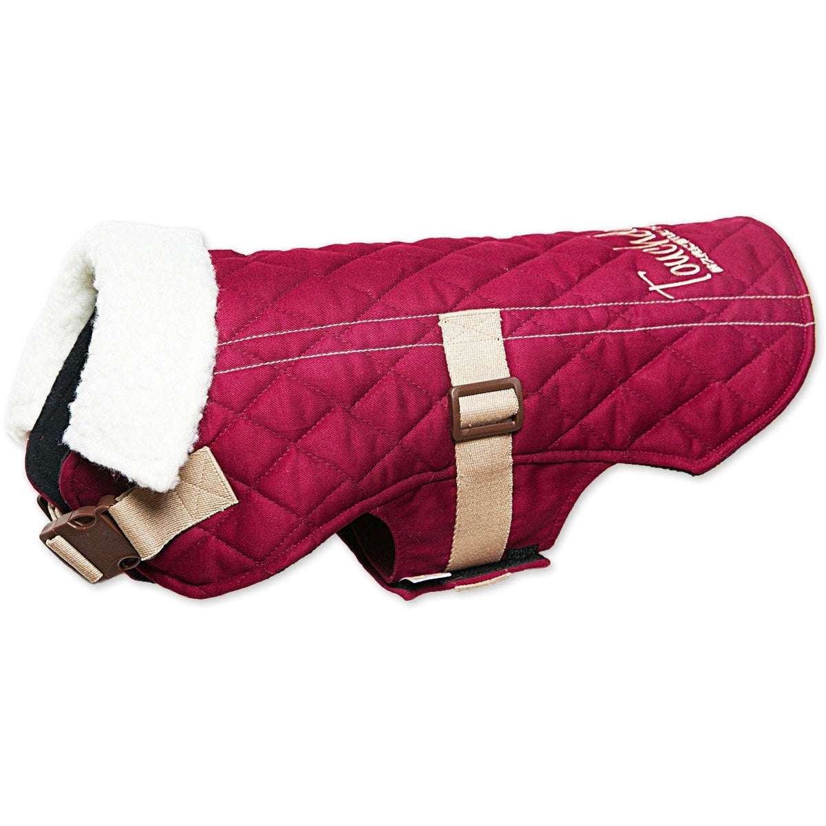 Red quilted Touchdog dog coat with white fleece collar and cream buckle straps