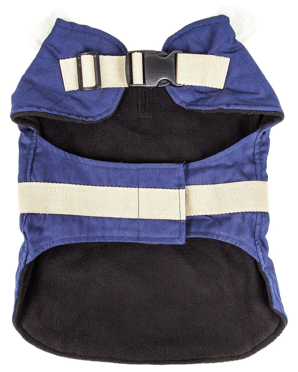 Inside view of blue Touchdog dog coat with black lining and adjustable cream straps