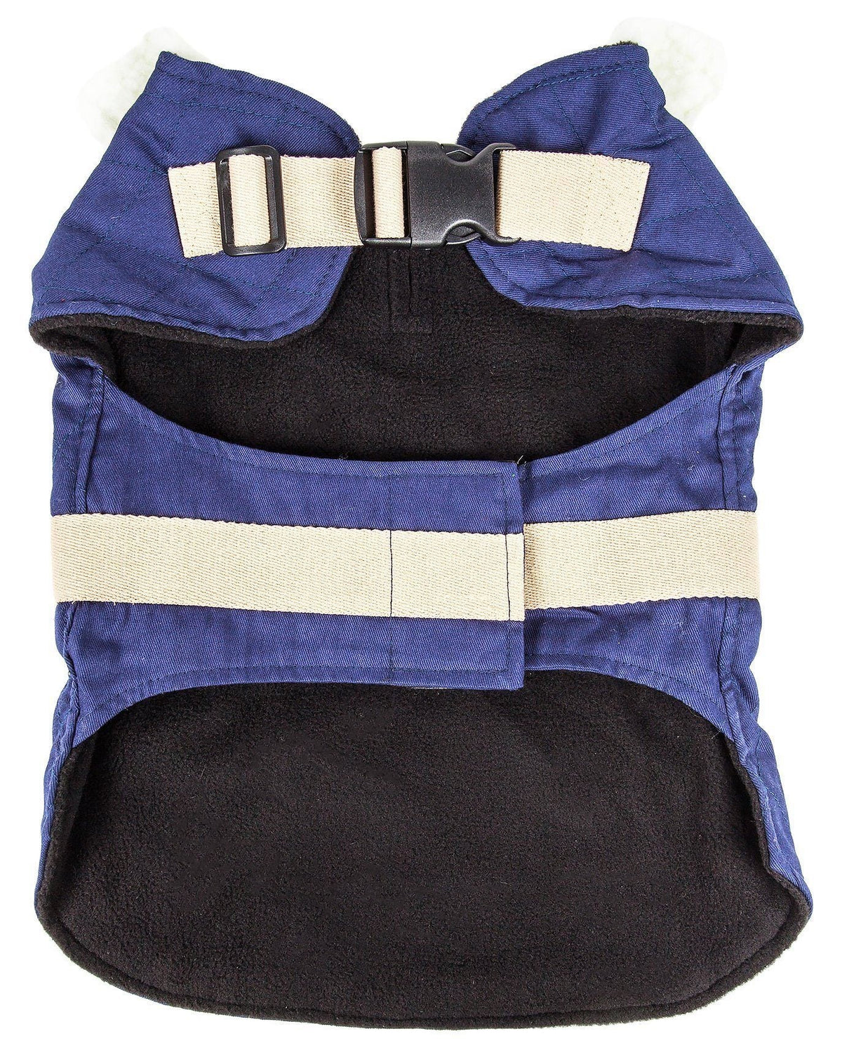 Inside view of blue Touchdog dog coat with black lining and adjustable cream straps