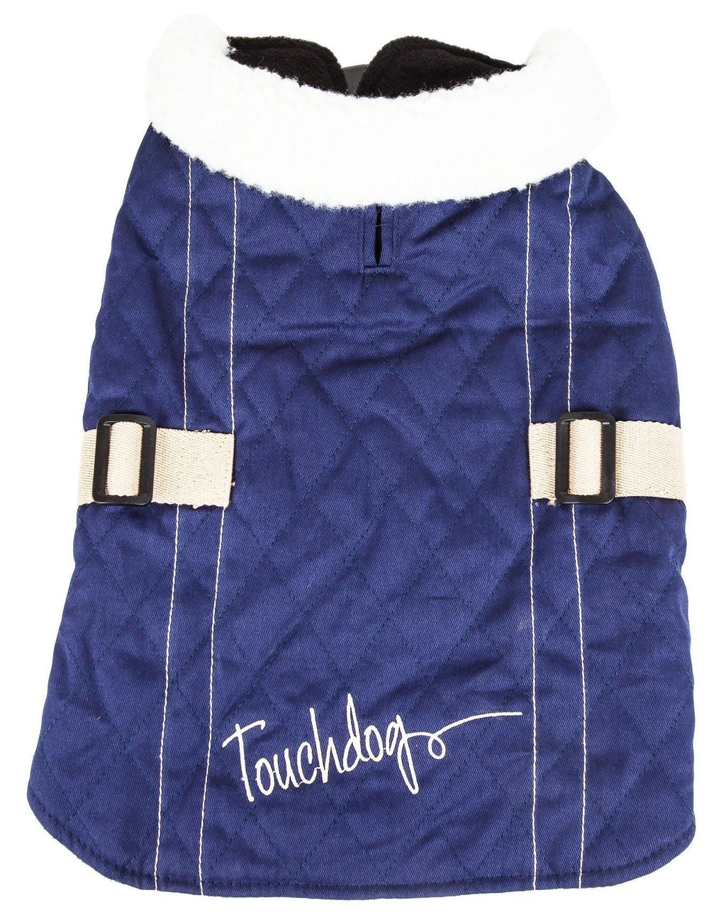 Back view of blue quilted Touchdog dog coat with white fleece collar and cream straps