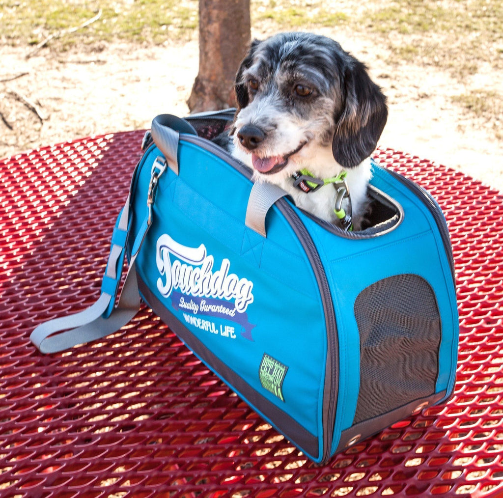 Touchdog blue travel dog carrier with mesh panels and a dog inside