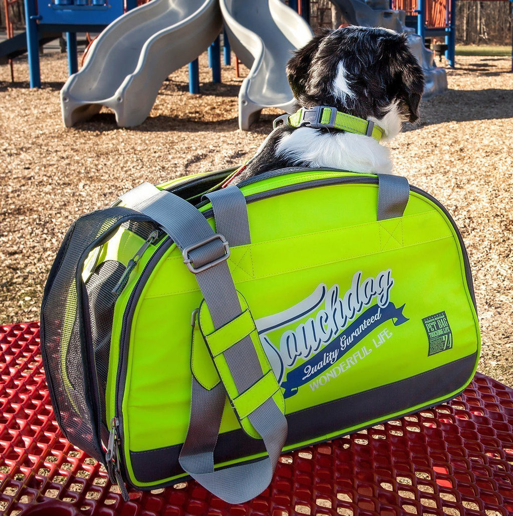 Touchdog bright yellow-green travel dog carrier with gray shoulder strap