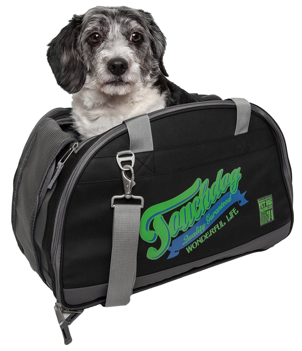 Touchdog black dog carrier with gray straps, shown with a dog inside.