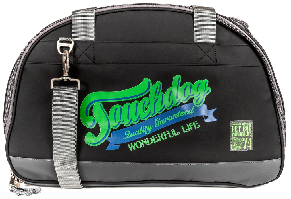 Touchdog black travel dog carrier with gray straps and green logo