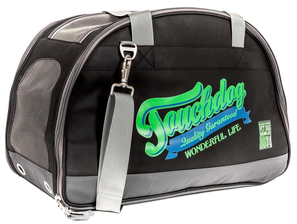 Touchdog black dog carrier with gray trim, mesh panel and detachable shoulder strap