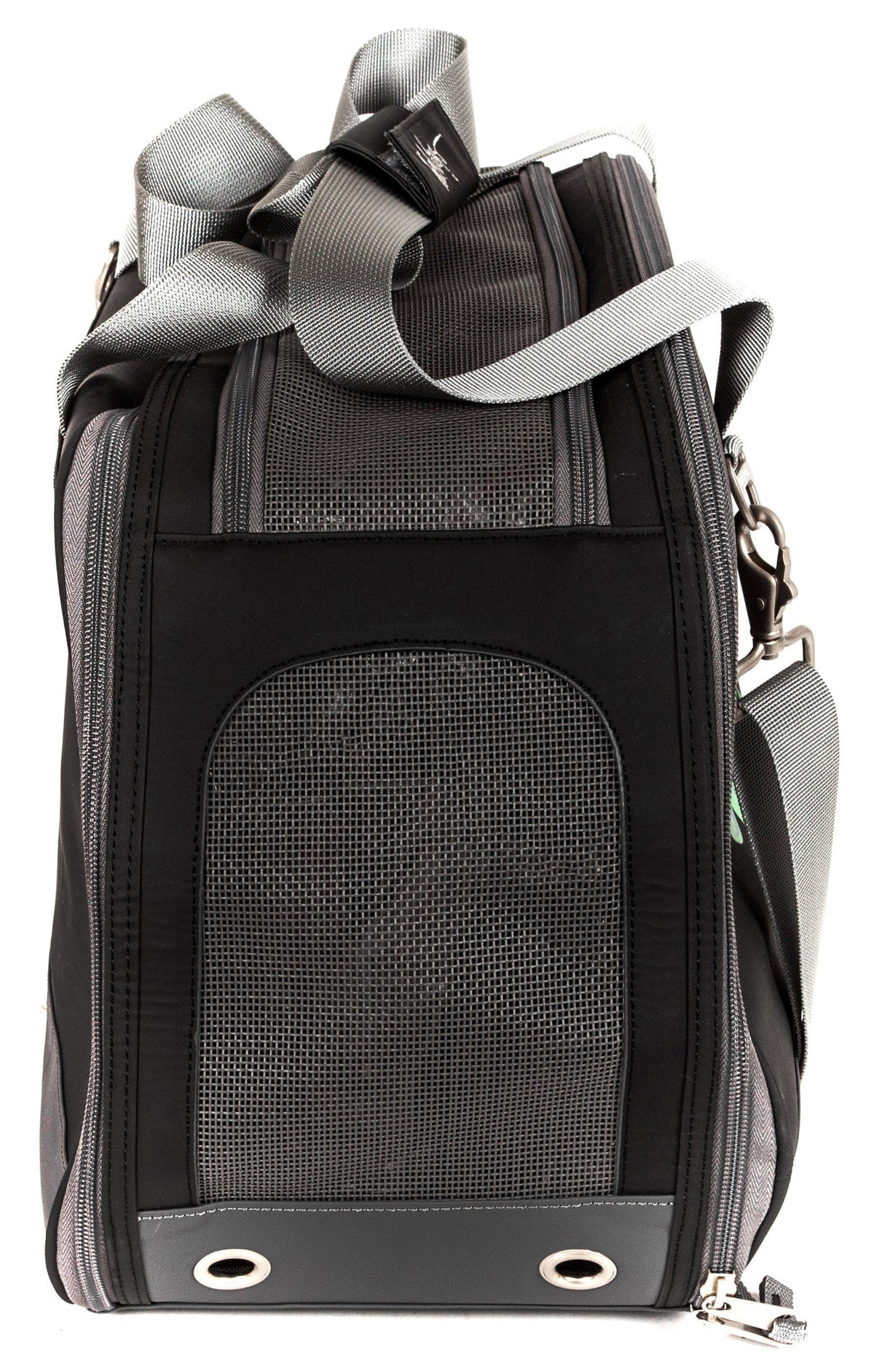 Black dog carrier end view with mesh panel, gray straps and ventilation grommets