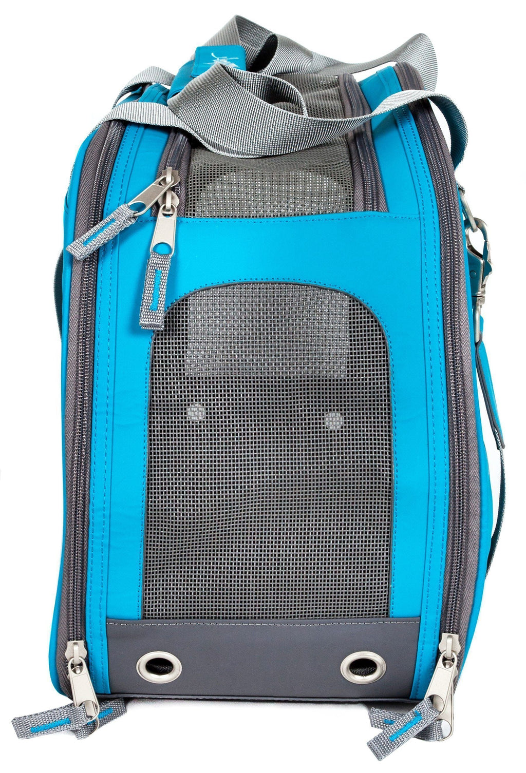 Blue dog carrier end view showing mesh panel, dual zippers and ventilation grommets