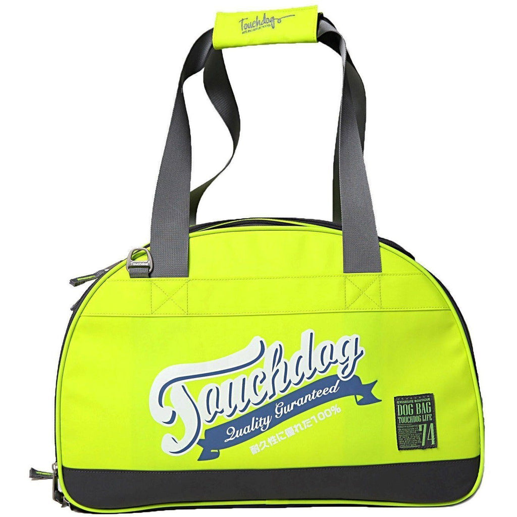 Yellow-green Touchdog dog carrier with long shoulder straps and a padded handle.
