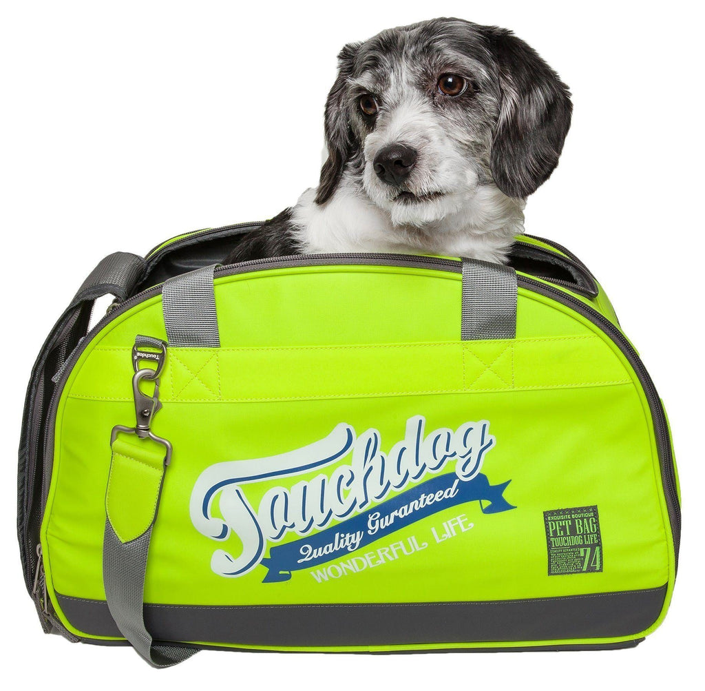 Touchdog bright yellow-green dog carrier with gray straps, shown with a dog inside.