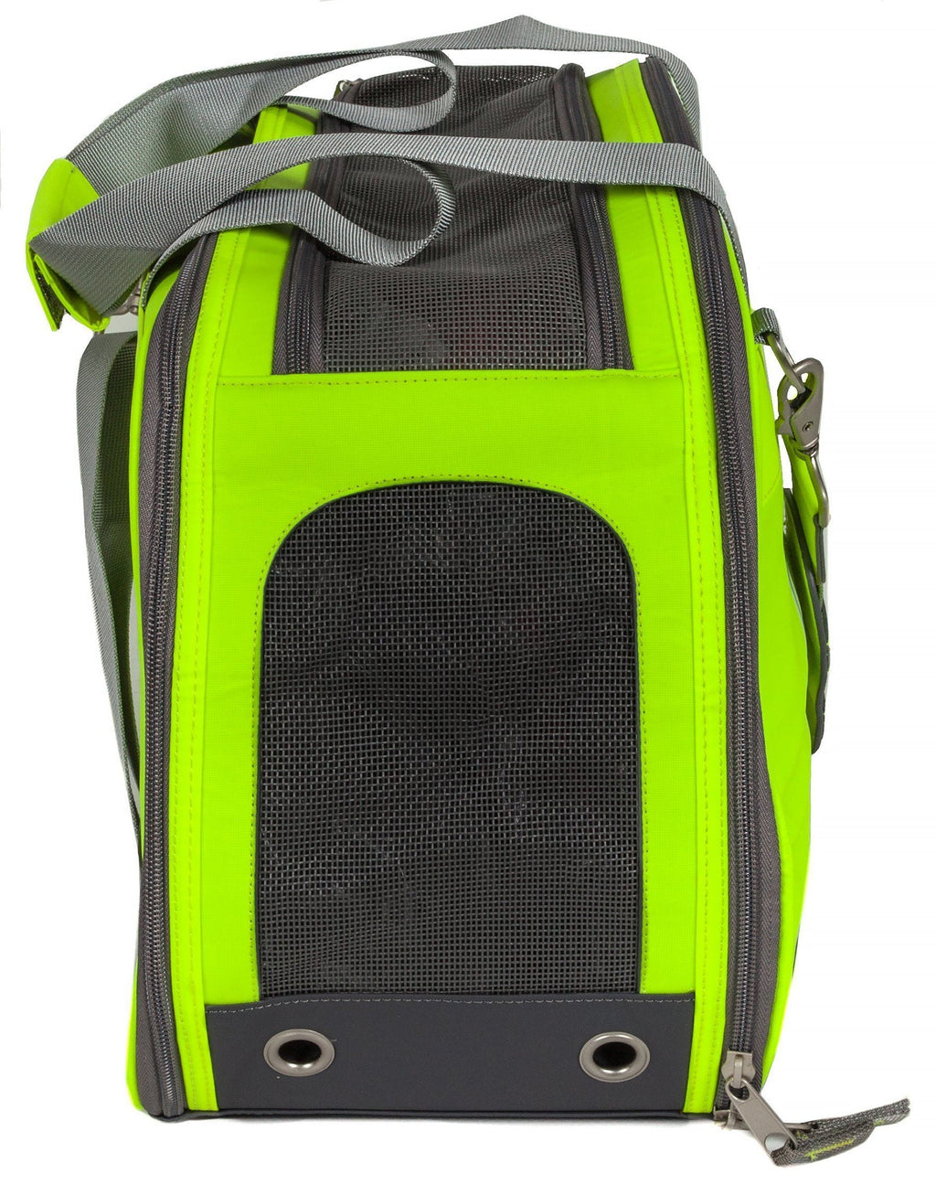 Yellow-green dog carrier end view with mesh panel, zip closures and ventilation grommets