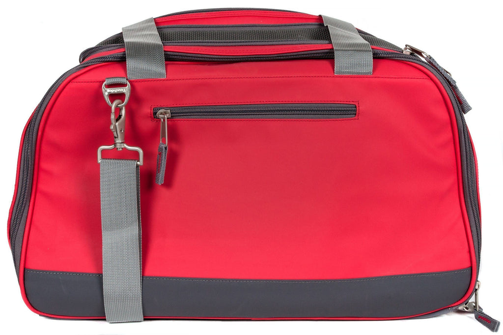 Back of red Touchdog dog carrier with a zip pocket, gray straps, and clip.