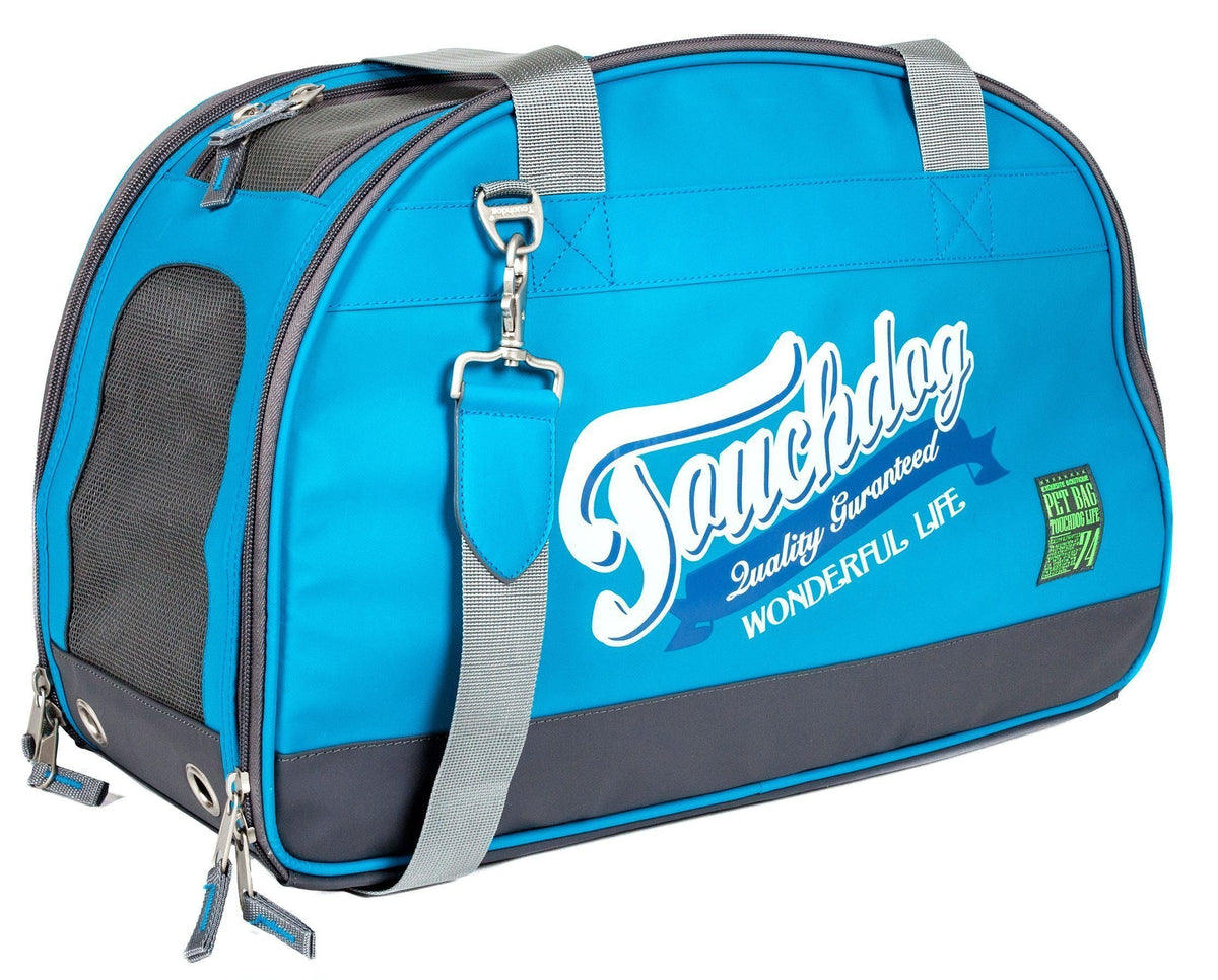 Touchdog airline-approved dog carrier in blue with mesh side panel and shoulder strap