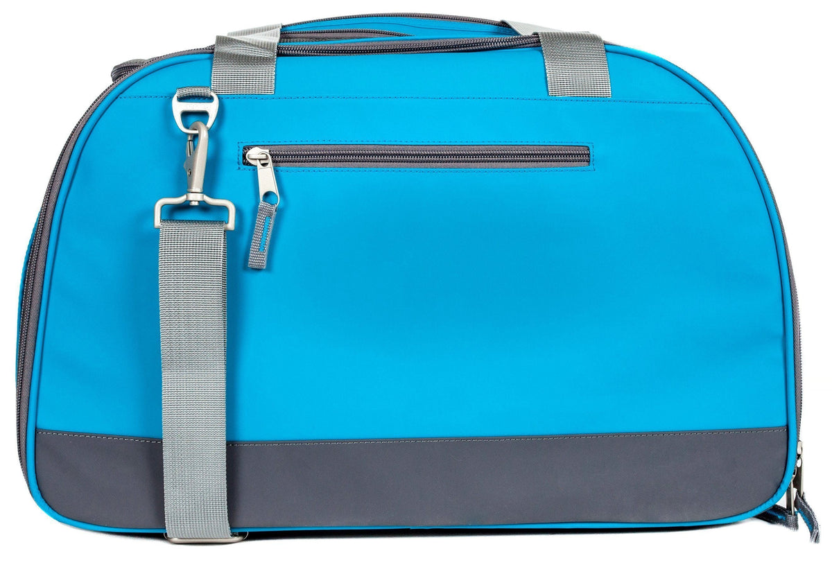 Back of blue Touchdog dog carrier with a zip pocket, gray straps, and clip.