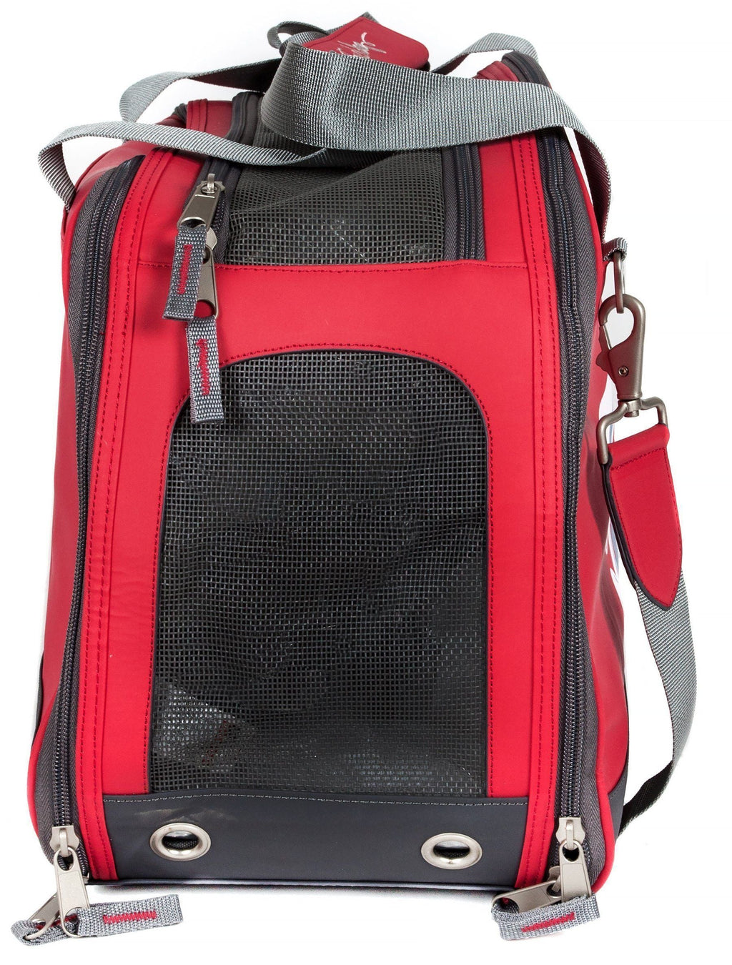 Red dog carrier end view with large mesh panel, zip closures and ventilation grommets