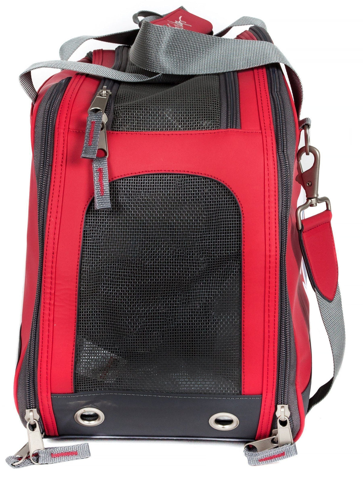 Red dog carrier end view with large mesh panel, zip closures and ventilation grommets