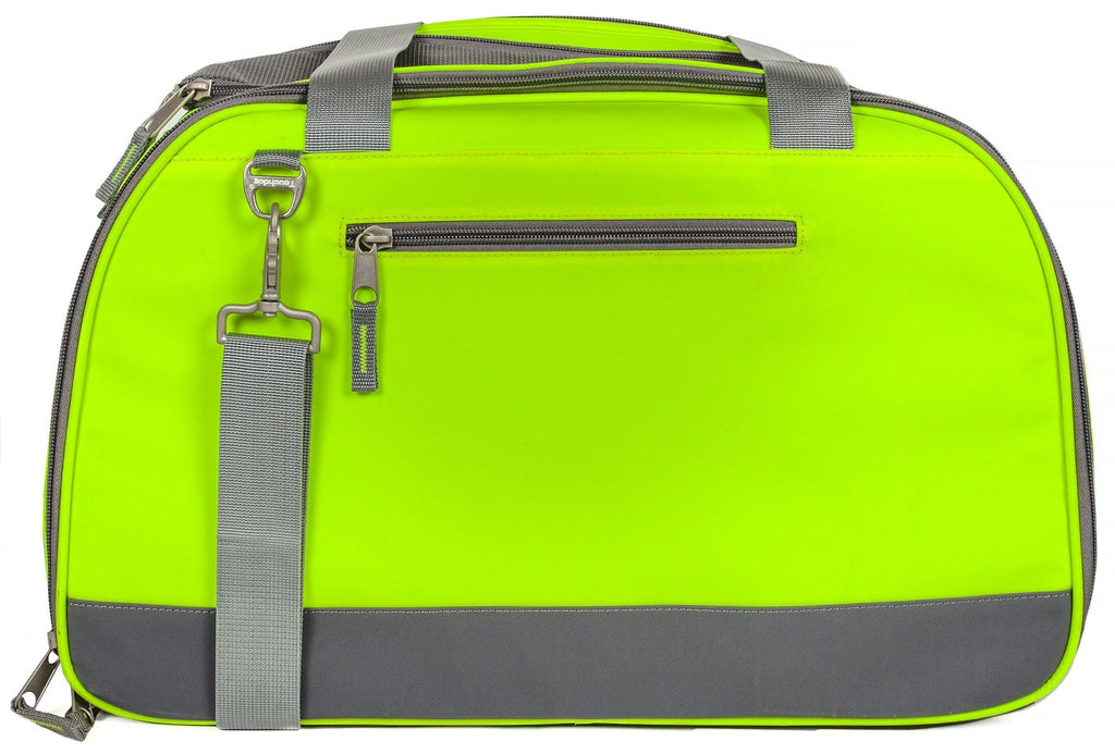 Back of yellow-green Touchdog dog carrier with a zip pocket, gray straps, and clip.