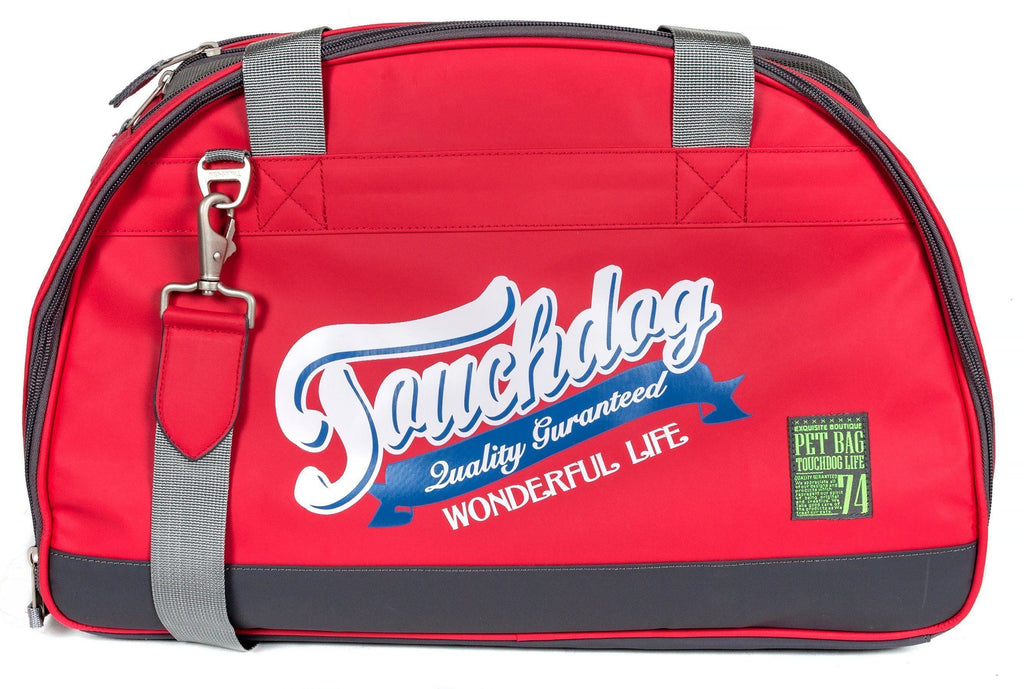Touchdog red dog carrier with front logo, gray shoulder strap and dark base