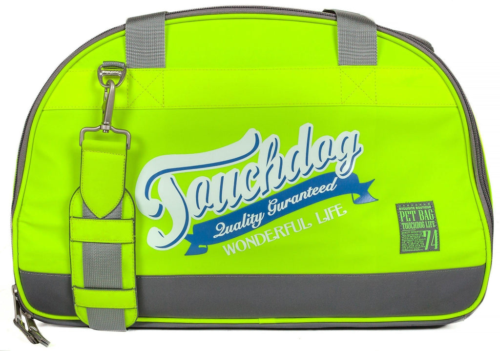 Touchdog bright yellow-green dog carrier with gray base, front straps and zip closure