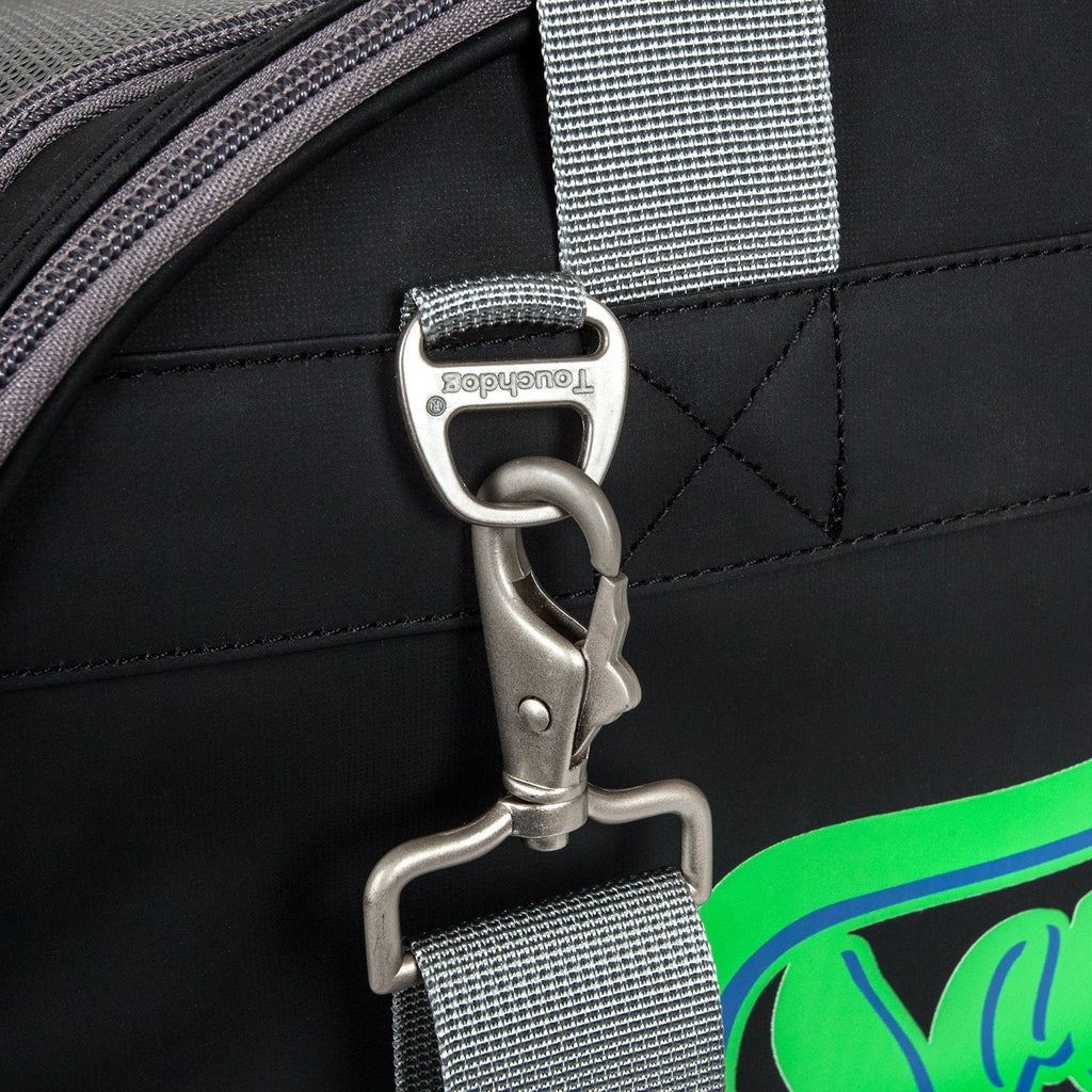 Touchdog carrier strap with metal clasp and stitched black fabric