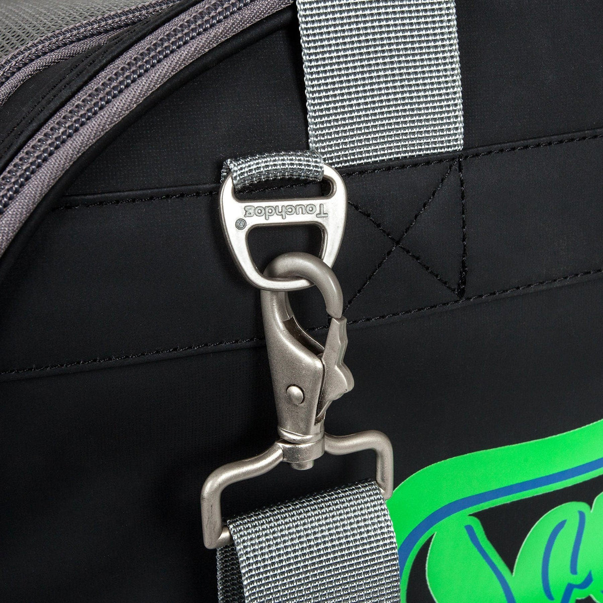 Touchdog carrier strap with metal clasp and stitched black fabric