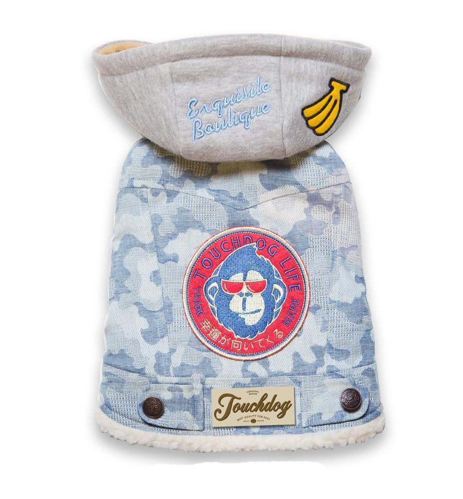 Blue camouflage dog sweater coat with gray hood, embroidered patch, and faux-fur trim