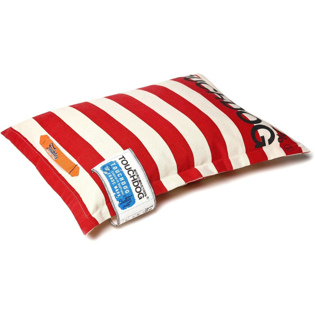 Touchdog red and cream striped pillow dog bed with branded label