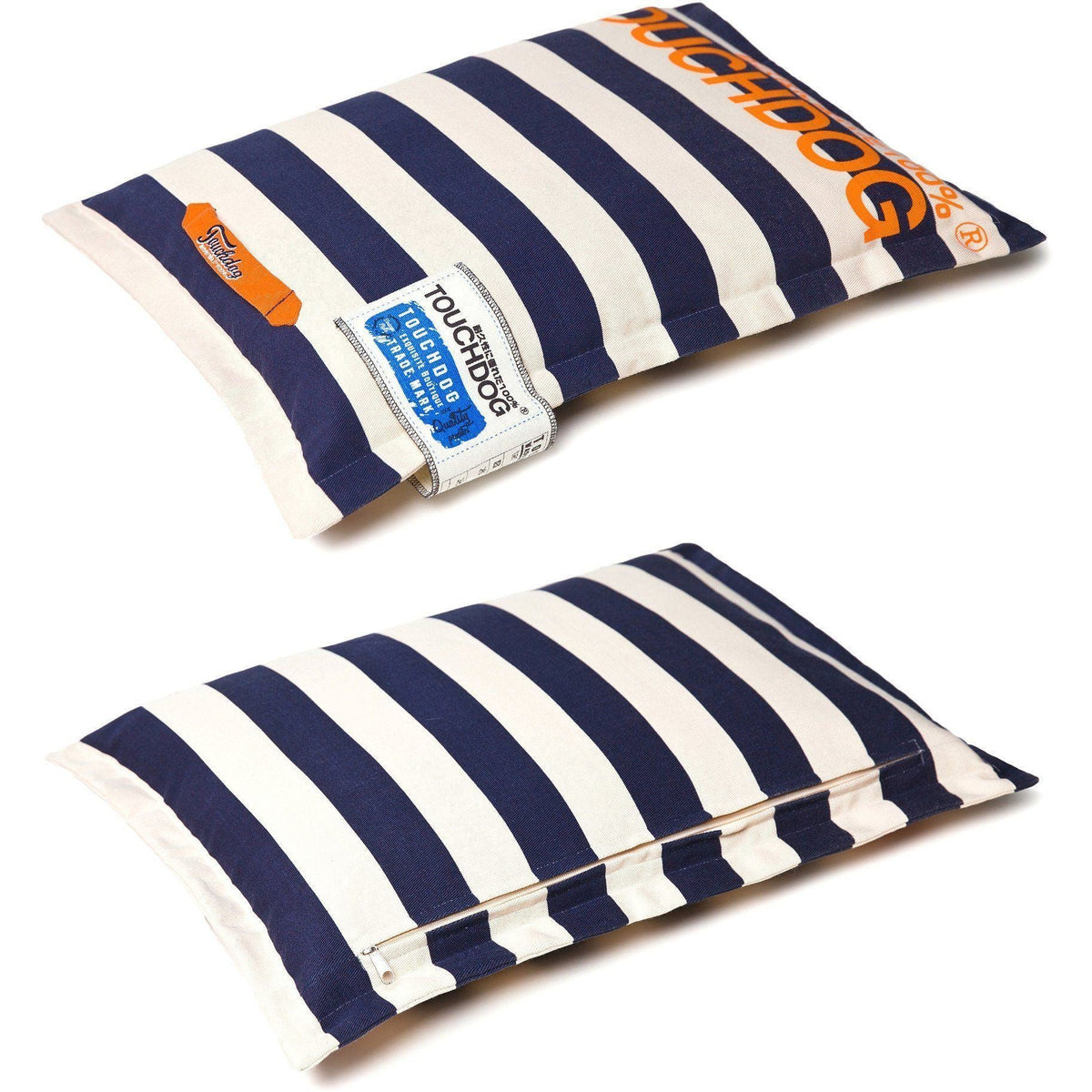 Touchdog navy and cream striped pillow dog bed, showing front and zippered underside