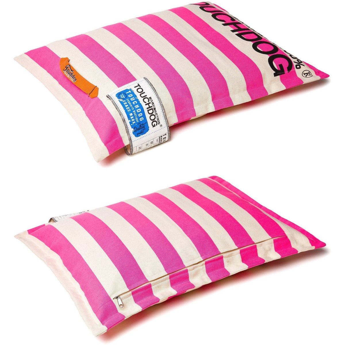 Touchdog pink and cream striped pillow dog bed, showing front and zippered underside