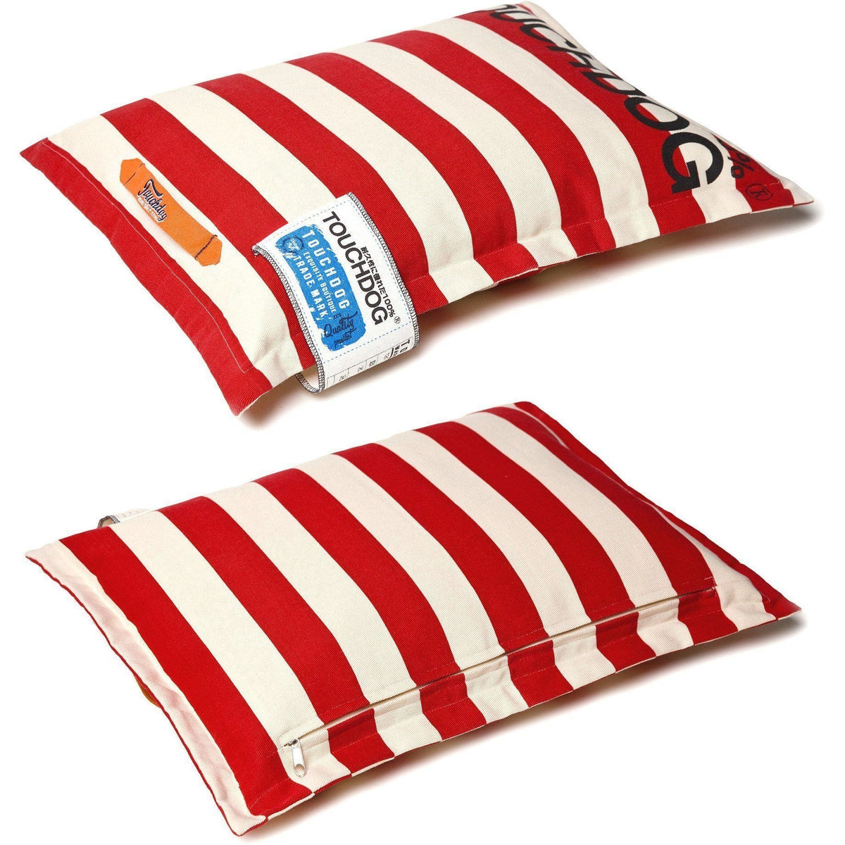 Touchdog red and cream striped pillow dog bed, showing front and zippered underside